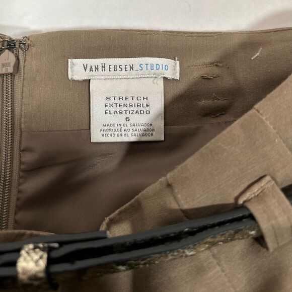 Van Heusen Tan Dark Khaki Pencil skirt snake skin pattern belt business office - Picture 6 of 10
